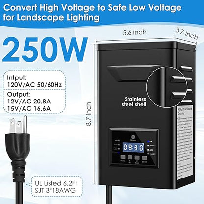 250W Low Voltage Landscape Transformer with Timer & Photocell for Landscape Lighting, 120V to 12V/15VAC, Stainless Steel, Weatherproof for Outdoor Landscape Lights,Yard Lights,Garden Lights