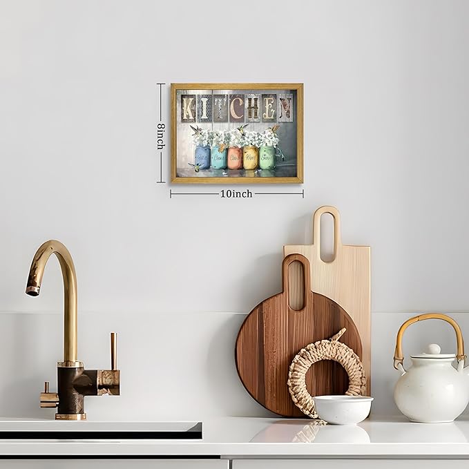 Vintage Kitchen Wall Art, Modern Farmhouse Wall Decor, Canvas Print Poster Oil Painting, Country Kitchen Dining Room Floral Still Life Paintings for Dining Room Home Decor 8x10 Inch Wood Framed