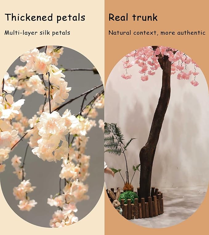 Artificial Cherry Blossom Tree 6.6Ft, White Silk Flowers with Solid Wood Trunk for Home & Garden Decor