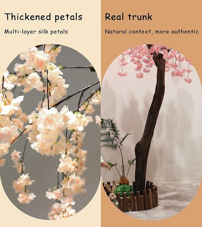 Artificial Cherry Blossom Tree 8.2Ft, White Silk Flowers with Solid Wood Trunk for Home & Garden Decor