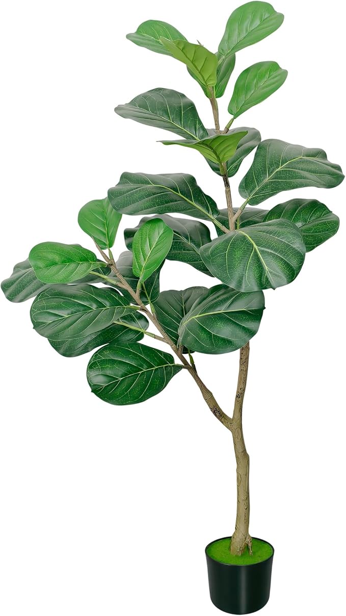Artificial Fiddle Leaf Fig Tree, 4FT Tall Faux Ficus Lyrata Fake Tree in Black Pot, Faux Plant for Home Office Living Room Decor Aesthetic