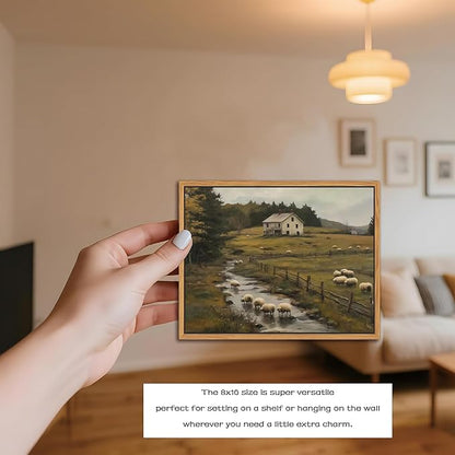 SAMHOU Floating Framed Canvas Wall Art, Vintage French Country Farmhouse Landscape Wall Decor, Rustic Meadow Flock of Sheep Poster Prints Picture for Living Room Bedroom Home Decor 8x10 inch