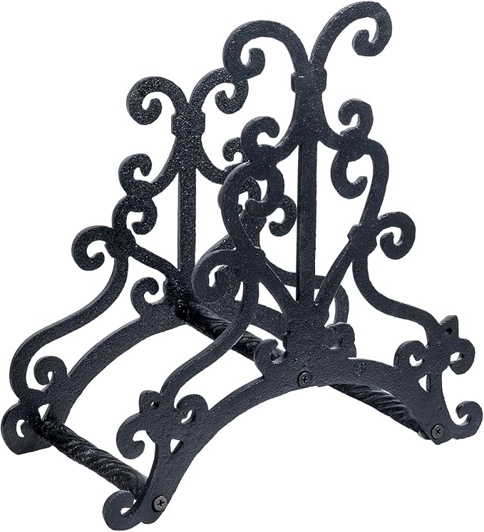 MyGift Wall Mounted Garden Hose Holder, Vintage Baroque Scrollwork Cast Iron Watering Tube Rack, Decorative Floral Pattern Hanging Hook Water Hosepipe Reel