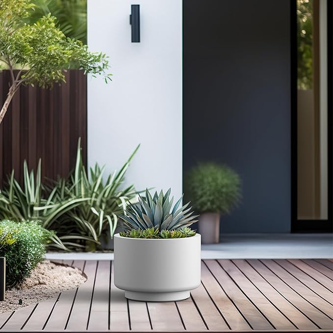 Kante 12.6 Inch Dia Concrete Planter, Round Pedestal Design Garden Pot for Indoor Outdoor Plants, Modern Flower Pot with Drainage Hole and Rubber Plug, White
