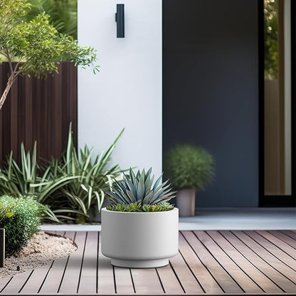 Kante 12.6 Inch Dia Concrete Planter, Round Pedestal Design Garden Pot for Indoor Outdoor Plants, Modern Flower Pot with Drainage Hole and Rubber Plug, White