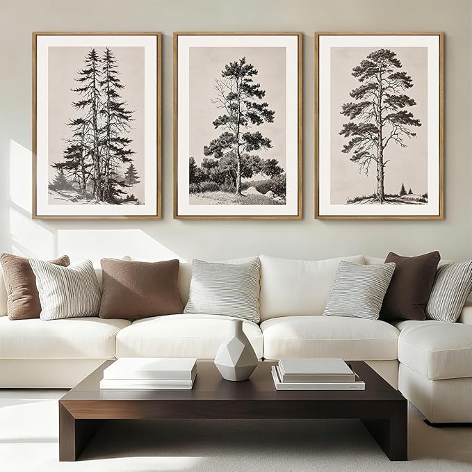 ANHUIB Vintage Tree Sketch Framed Canvas Wall Art 16x24 Inch Neutral Wilderness Forest Paintings Retro Botanical Wall Decor Set of 3 for Living Room Bedroom Office
