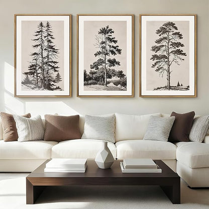 ANHUIB Vintage Tree Sketch Framed Canvas Wall Art 16x24 Inch Neutral Wilderness Forest Paintings Retro Botanical Wall Decor Set of 3 for Living Room Bedroom Office