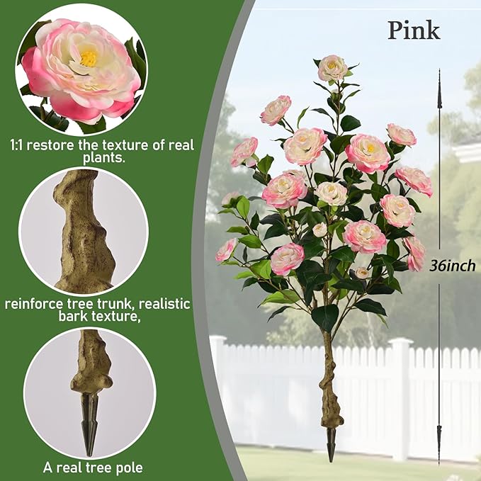 Artificial Camellia Tree with Spike, 36” Tall Faux Artificial Plants Outdoor Flower Tree with Pink Blooming Camellia Flower, Fake Flower Tree for Home, Garden Decor(Pink)