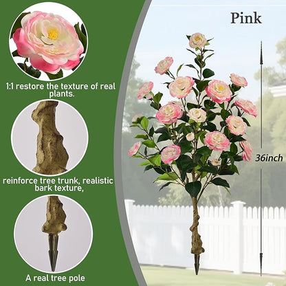Artificial Camellia Tree with Spike, 36” Tall Faux Artificial Plants Outdoor Flower Tree with Pink Blooming Camellia Flower, Fake Flower Tree for Home, Garden Decor(Pink)