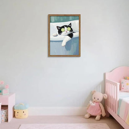 Framed Tuxedo Cat Canvas Wall Art, Bathroom Pictures Wall Decor, Funny Cat in Bath Poster Print, Modern Dark Humor Animal Painting Artwork for Bathroom Apartment Home Aesthetics – 8x10 inch