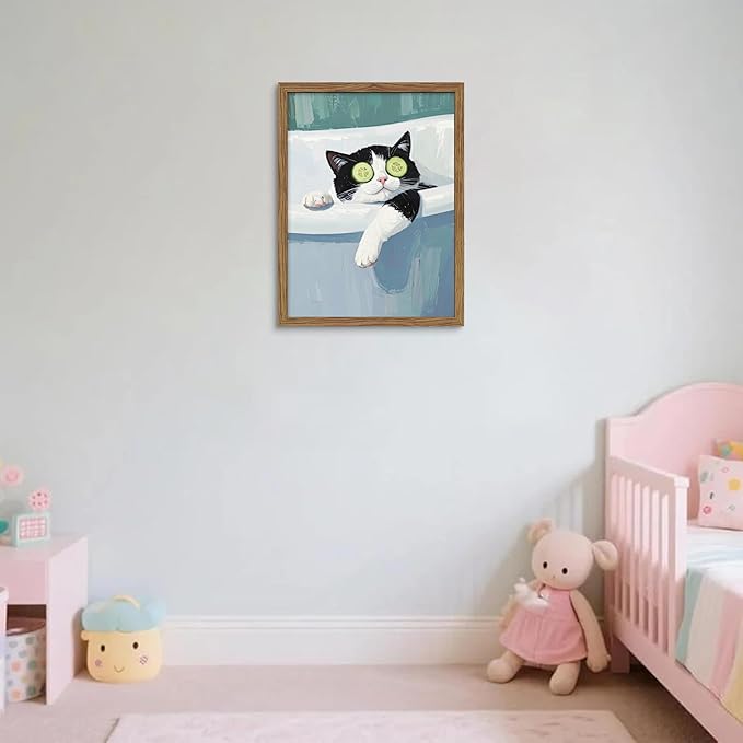 Framed Tuxedo Cat Canvas Wall Art, Bathroom Pictures Wall Decor, Funny Cat in Bath Poster Print, Modern Dark Humor Animal Painting Artwork for Bathroom Apartment Home Aesthetics – 12x16 inch