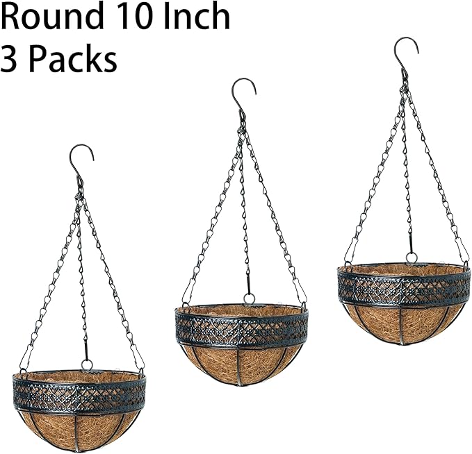 3-Pack Hanging & Wall-Mounted Plant Baskets with Natural Coconut Fiber Liner, Decorative Planters for Home Garden Patio Yard (3Pack EXPHanger, 10Inch)