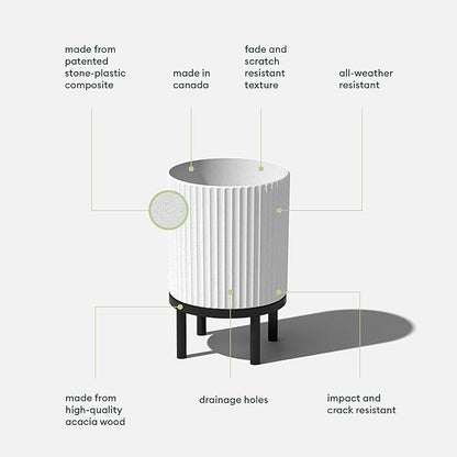 Veradek Demi Series Round Planter w/ Stand for Porch/Patio | Durable Plastic-Concrete & Wooden Stand | Modern Décor for Tall Plants, Flowers
