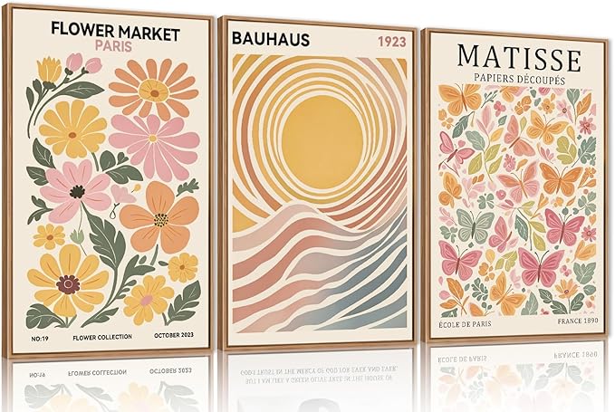Boho Flower Market Framed Canvas Wall Art Set, Matisse Floral Wall Decor, Abstract Botanical Wall Painting, Nature Floral Illustration Art Prints for Living Room, Bedroom, Office 24"X36"X3