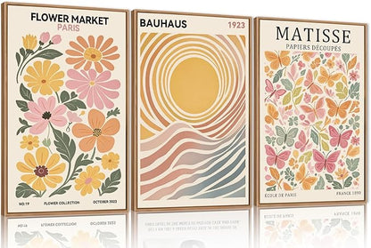 Boho Flower Market Framed Canvas Wall Art Set, Matisse Floral Wall Decor, Abstract Botanical Wall Painting, Nature Floral Illustration Art Prints for Living Room, Bedroom, Office 24"X36"X3