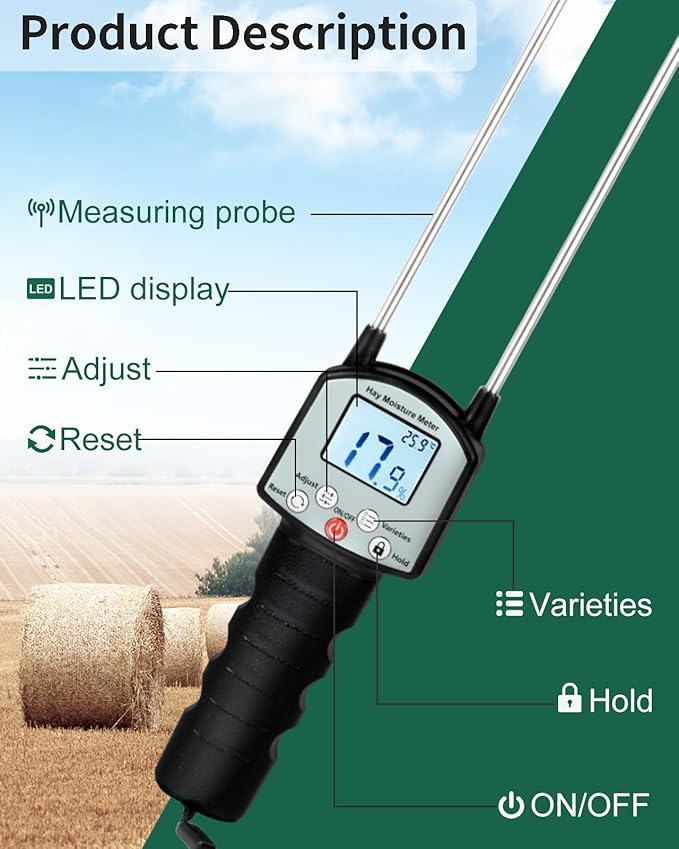 Hay Moisture Tester, Portable Hay Moisture Meter, Hay Bale Moisture Tester with Dual Probe, Forage Moisture Tester with Automatic Temperature Compensation for Alfalfa, Forage, Orchard Grass, Bales