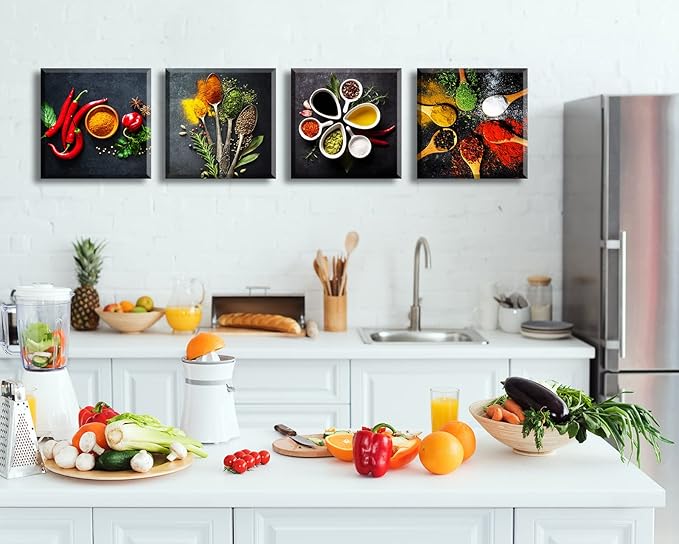 Kitchen Wall Decor Colorful Spices Seasoning Spoon Canvas Wall Art Vintage Painting Picture for Modern Home Dining Room Contemporary Artwork Decoration Stretched and Framed Ready to Hang 12"X12"X4