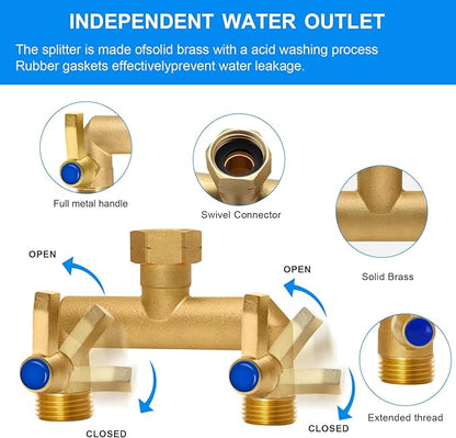 Brass Garden Hose Splitter, Garden Hose Splitter 2 Way Heavy Duty, With 2 304 Stainless Steel Extension Handles, 2-Way Y-Valve 3/4” GHT Threads (Increase Flow Style)
