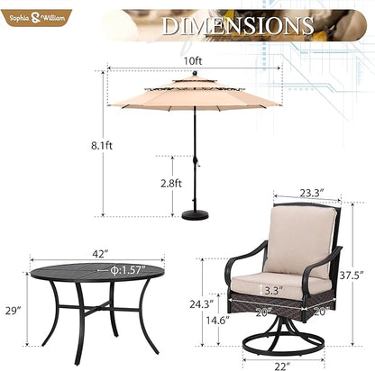 Sophia & William Patio Table and Chairs with 10ft 3 Tier Auto-tilt Beige Umbrella, 6 Piece Outdoor Table Furniture Set with 4 Padded Swivel Rocker Dining Chairs, 1 Round Metal Table and 1 Umbrella