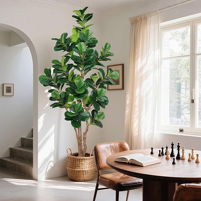 8 FT Artificial Fiddle Leaf Fig Tree with White Planter and Black Pebble, Tall Faux Ficus Lyrata with Thick Trunk and Emerald Leaves, Fake Ficus Tree for Office Home Indoor Decor