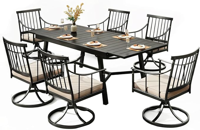 PHI VILLA 7 Pieces Outdoor Dining Set for 6, 84" Long Expandable Metal Table & Swivel Wrought Iron Chairs with Cushions, Large Furniture Set for Patio, Deck, Yard, Porch - Black