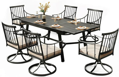 PHI VILLA 7 Pieces Outdoor Dining Set for 6, 84" Long Expandable Metal Table & Swivel Wrought Iron Chairs with Cushions, Large Furniture Set for Patio, Deck, Yard, Porch - Black