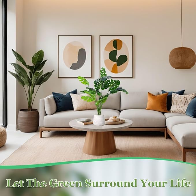 Artificial Palm Tree Leave Plants - 4PCS 28'' Tall Fake Plant Monstera Leaf Indoor Outdoor, Large Faux Floor Plant for Living Room, Bedroom Plants Decor, Bathroom Farmhouse Home House Decor