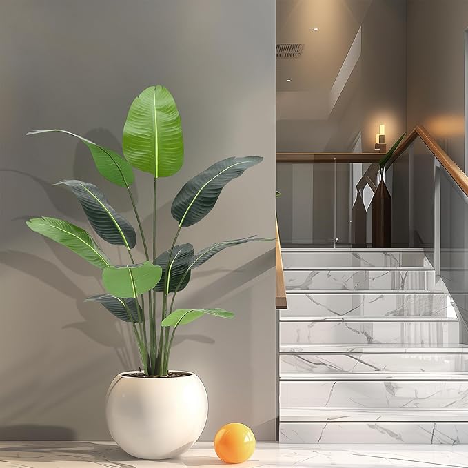 GarveeHome Artificial Bird of Paradise Plant 5 ft (60 in) Fake Palm Tree for Indoor Outdoor Modern Decor Faux Plants for Home Office Perfect Housewarming Gift with 10 Trunks Faux Leaves 1 Pack
