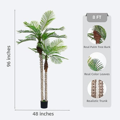 8FT Artificial Palm Tree with Realistic Bark & Leaves, UV Resistant Faux Indoor Outdoor Palm Plant for Home, Office, Yard, Patio, and Living Room Decor (96 Inches)