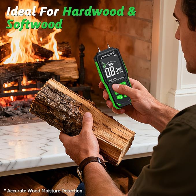 Rechargeable Moisture Meter for Wood, Drywall & Flooring – Pin-Type Moisture Detector with Replaceable Pins, Hold Function & Custom Wood Settings
