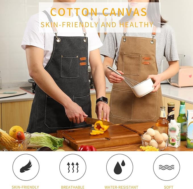Tosewever 2 Pack Canvas Cross Back Chef Apron for Men Women with Pockets, Cotton Tool Aprons for Cooking Kitchen BBQ Artist