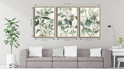 Large Framed Canvas Wall Art - Natural Float Framed Rustic Green Flowers Leaves Pictures Paintings White Grey Artwork Decor for Bedroom Living Room Kitchen Home Office Decoration 72" X 36" Set of 3