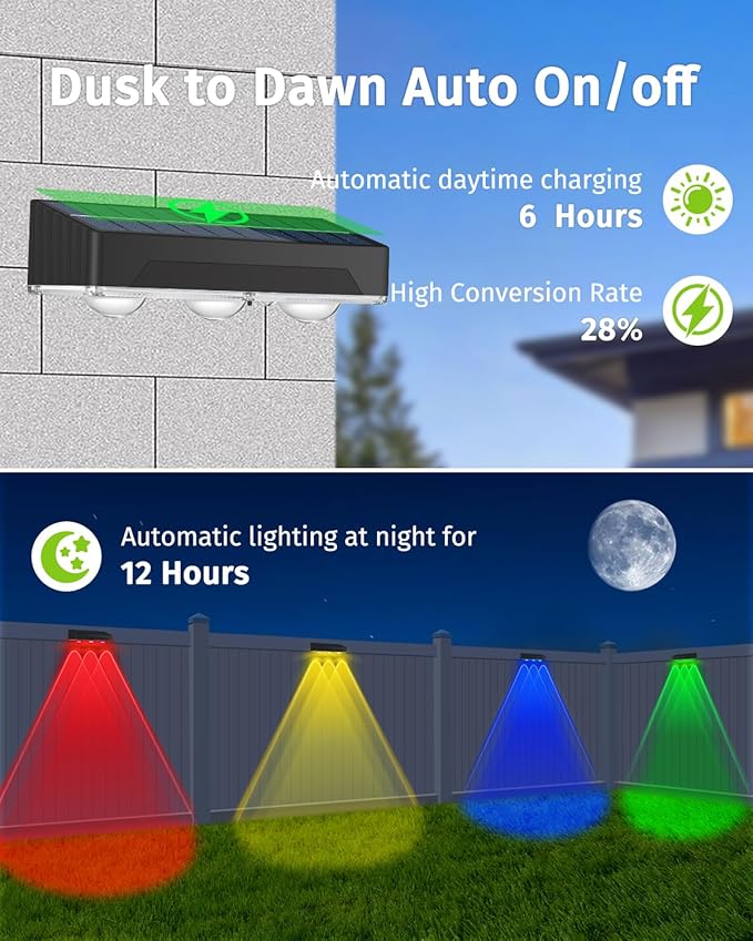 Solar Fence Lights Outdoor 8 Pack Waterproof High Brightness Upgraded 3 LED Lens Solor Deck Lights Warm & Cool White RGB 10 Colors Outside Solar Powered Wall Light for Backyard Patio Step Railing