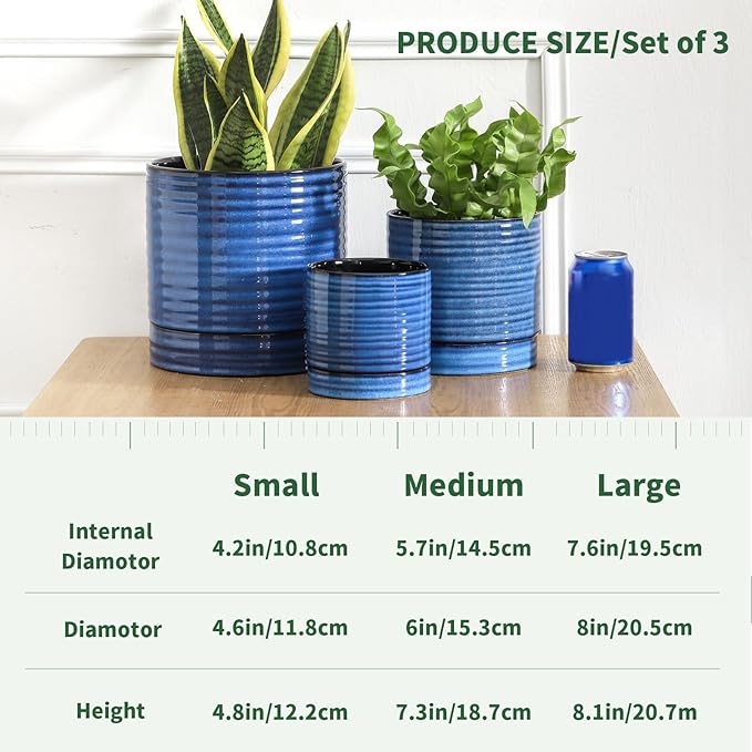 HASENSE 3 Piece Ceramic Plant Pots, 8/6/4.6 Inch, Indoor Pot for Plants with Drainage Holes and Saucer, Modern Flower Planter for Home Office, Blue