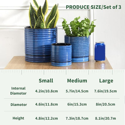HASENSE 3 Piece Ceramic Plant Pots, 8/6/4.6 Inch, Indoor Pot for Plants with Drainage Holes and Saucer, Modern Flower Planter for Home Office, Blue