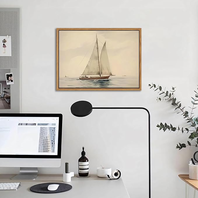 Floating Framed Canvas Wall Art, Vintage Sailboat Ocean Picture Wall Decor, White Sailboat Seascape Poster Print Painting for Living Room Bedroom Bathroom Office Home Decor 12x16 inch