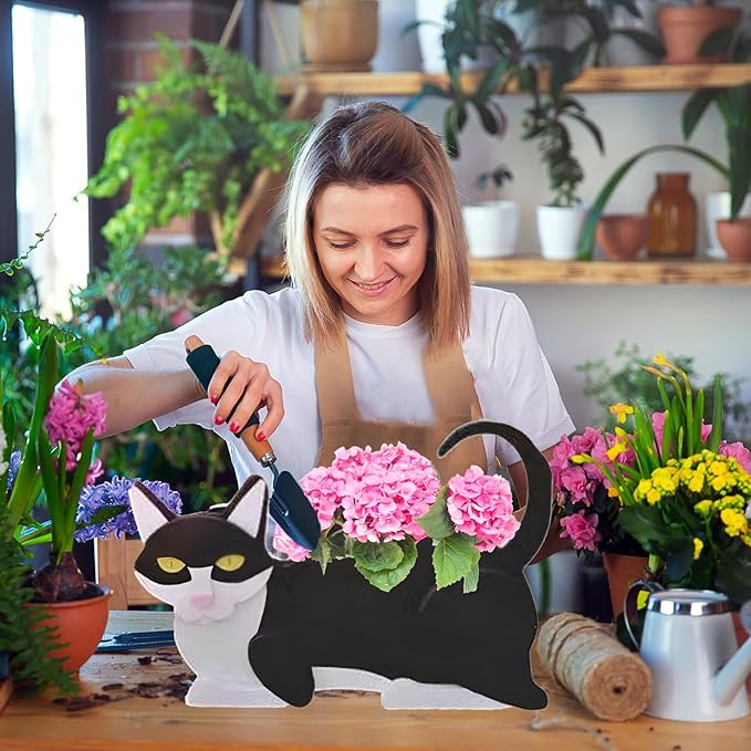 Black and White Cat Planter,Cute Cat Flower Pot,Gifts for Pet Lovers,Unique Animal Plant Pots,Office,Indoor Outdoor Garden Decor(12.5 * 5.6 * 7.8in)