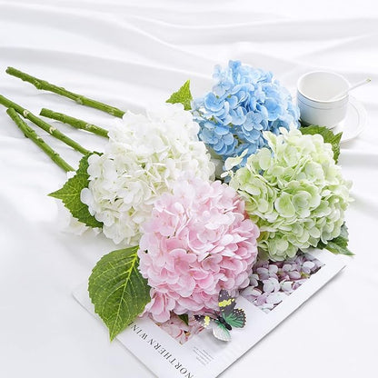 Waipfaru 21" Real Touch Blue Hydrangea Artificial Flowers with Long Stem & Leaves, Full Latex Faux Hydrangea Flowers for Home Decor Party Floral Arrangements Wedding Bouquets Centerpieces, 4Pcs