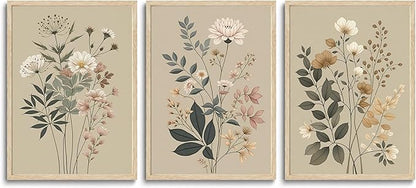 CHMMART 3 Piece Botanical Floral Framed Wall Art Vintage Flower Canvas Art Prints Wildflower Pictures Wall Decor Nature Painting Artwork for Living Room Bedroom Bathroom 12x16in