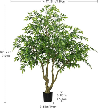 7FT Artificial Ficus Tree with Natural Trunk, 82.7" Tall Fake Banyan Plant with Realistic Green Leaves, No Watering UV Resistant Indoor Outdoor Tree for Home Patio Decor