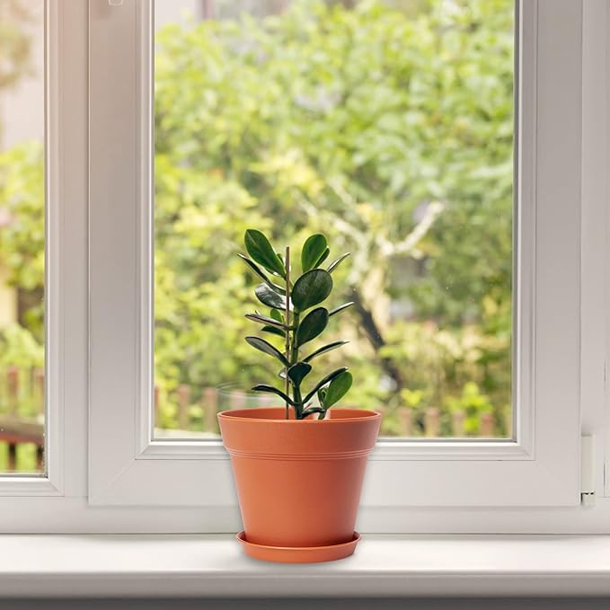 10 Pack Plastic Plant Pots with Drainage Holes and Tray, 6 inch Thickened Indoor Planters Seedlings Nursery Pots for Flowers, African Violet, Succulent and All House Plants, Terracotta