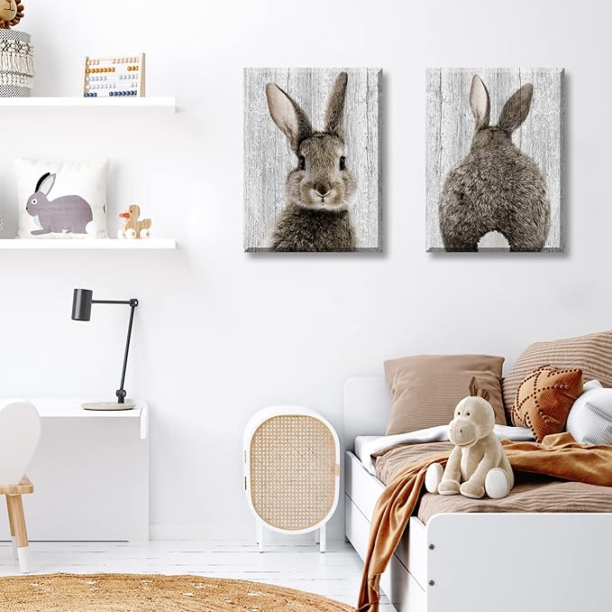 BLINFEIRU Bunny Decor Nursery Wall Art Prints, Brown Lovely Rabbit Pictures for Baby Kids Room Wall Decoration, Cute Easter Animal Canvas Artwork, Framed Ready to Hang 12"x16"x2