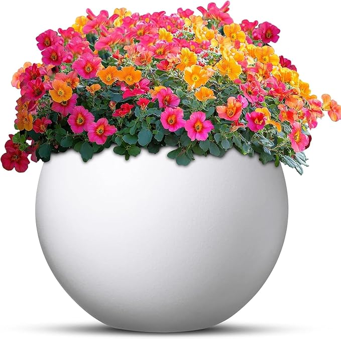 13.5 H x 17" Dia (12" Pot Opening) Round Fiberstone Planter with Drainage Hole, White, Indoor/Outdoor Large Plant Pot for Home Patio Garden, Ideal for Large Plants