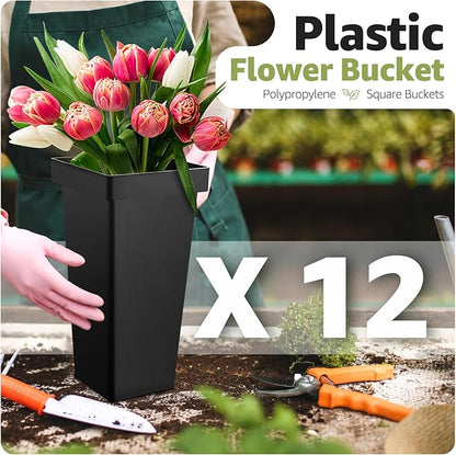 3 Layers Flower Display Stand with Buckets, 12 PCS Buckets Plant Stand with Wheels, Movable Metal Plant Stand for Terrace Garden, Living Room, Florist Shop