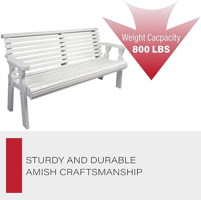 Amish Casual Heavy Duty 5 Foot Roll Back Outdoor Bench in White Stain - Amish Made in The USA from Treated Pine for Outdoor Durability, 700 Lb Weight Capacity