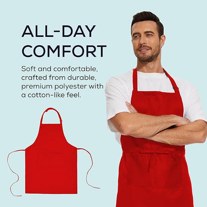 Will Well Kitchen Apron for Men and Women - 33" x 27" Oil-and-Water-Resistant with Adjustable Neck Strap and 38" Waist Ties for a Snug Fit, Lightweight with 2 Front Pockets - 2-Pack, Red