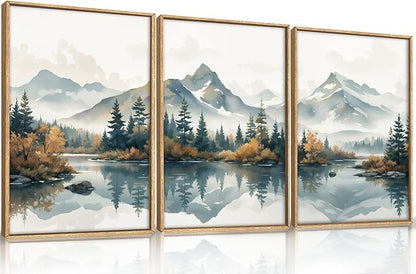 HLNIUC Winter Christmas Mountain Wall Art Framed,Large White Snowy Forest Decor Set of 3 (16"x24"), Watercolor Nature Lake Foggy Landscape Canvas Painting for Living Room, Bedroom, Office
