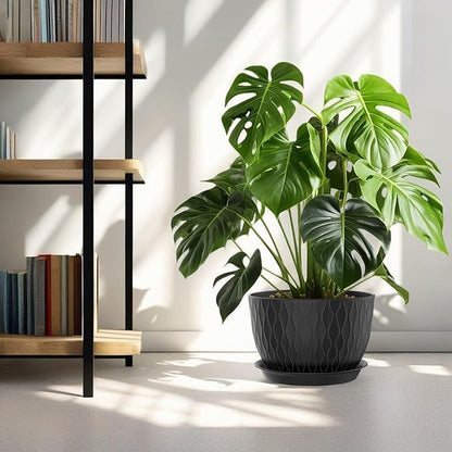 12/10/9 Inch Plant Pots, 3 Pack Large Flower Pots for Indoor and Outdoor Plants with Water Ripples, Large Plastic Flower Pots with Drainage Holes and Tray for Garden Indoor Plants