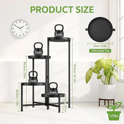 iDavosic.ly 4 Tier Large Plant Stand Indoor with 10 Inch Wide Tray, Tiered Corner Metal Outdoor Flower Display Holder Shelf, Folding Tall Rack for Patio Porch Living Room, Modern Black