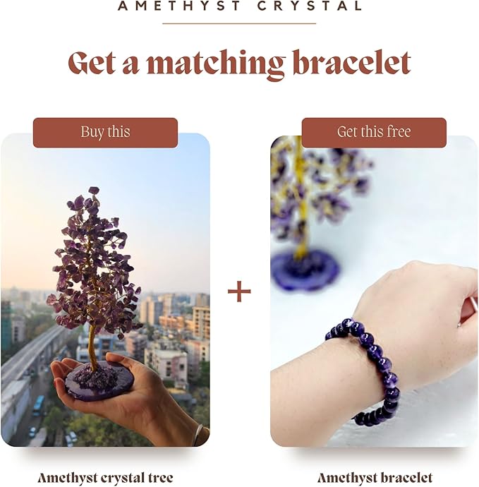 Crystal Tree with Bracelet for Home Decor, Healing, Spiritual Gifting, Room Decor, New Year & Good Luck Gifting | Made from Genuine Crystal Stones (Amethyst) - 9 x 3 Inches